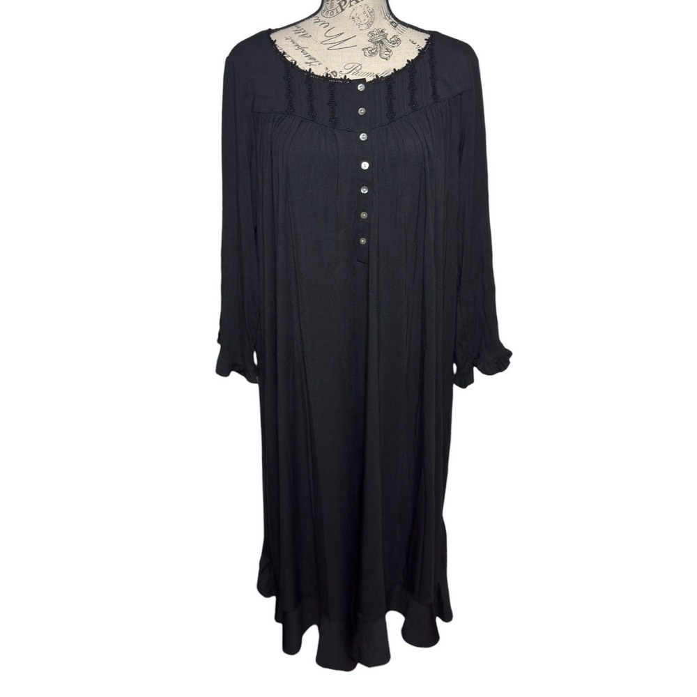 Eileen West Nightgown XL Black‎ Midi Waltz Modal Ruffle Sleeves Babydoll Nightie